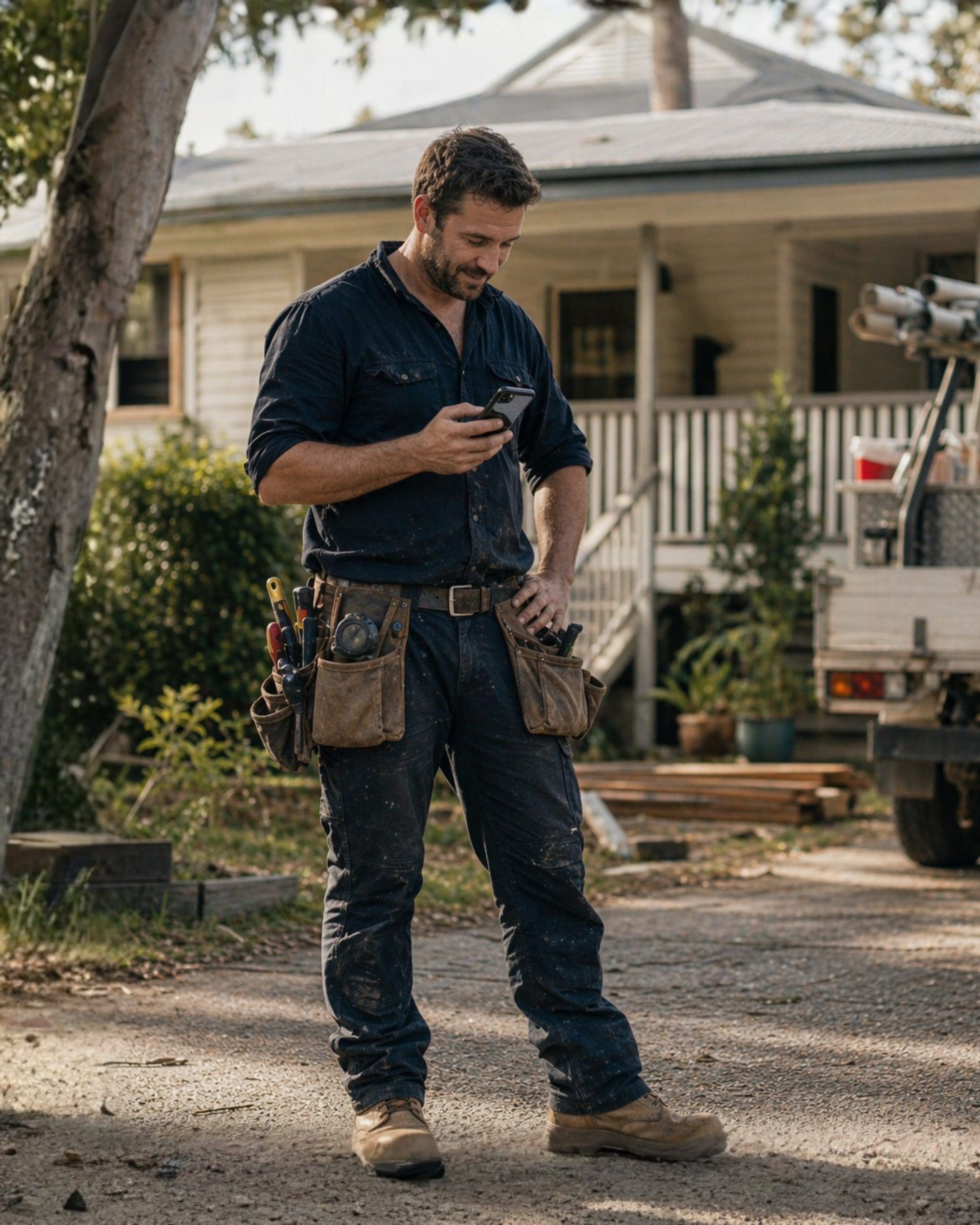 Australian tradie on a Queensland job site, checking a lead notification on his phone